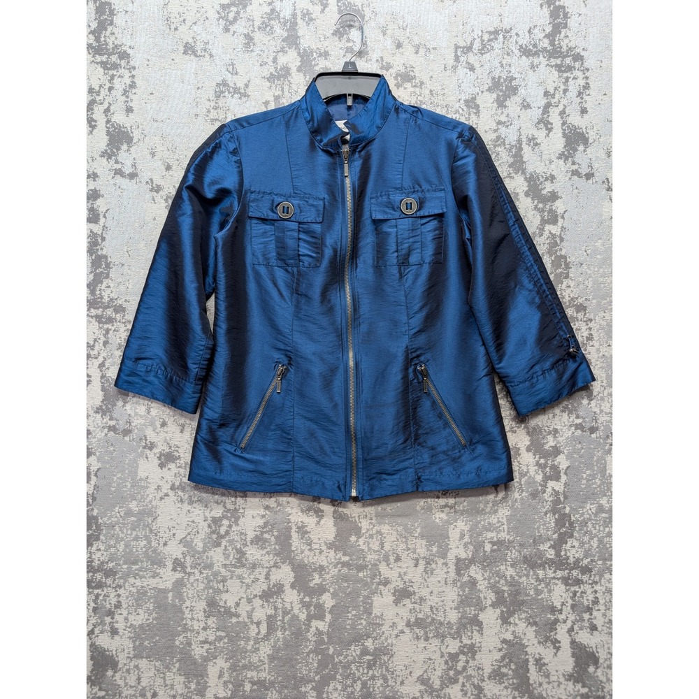 Chicos Blue Metallic Sheen Mandarin Collar Zip Front Jacket Women Size 0